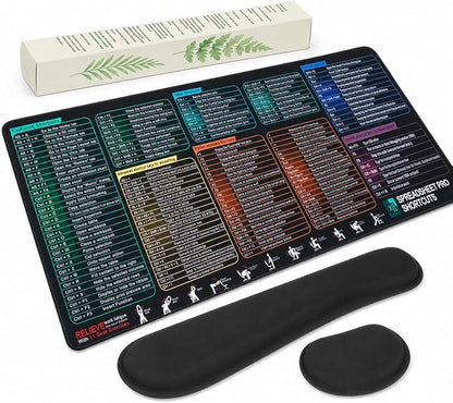Excel Cheat Sheet Mouse Pad Set, 3-Piece XXL Excel Shortcut Desk Mat with Keyboard Wrist Rest & Mouse Wrist Rest, Non-Slip Spreadsheet Reference Pad for Office, Accountants, Students, Carbon Black