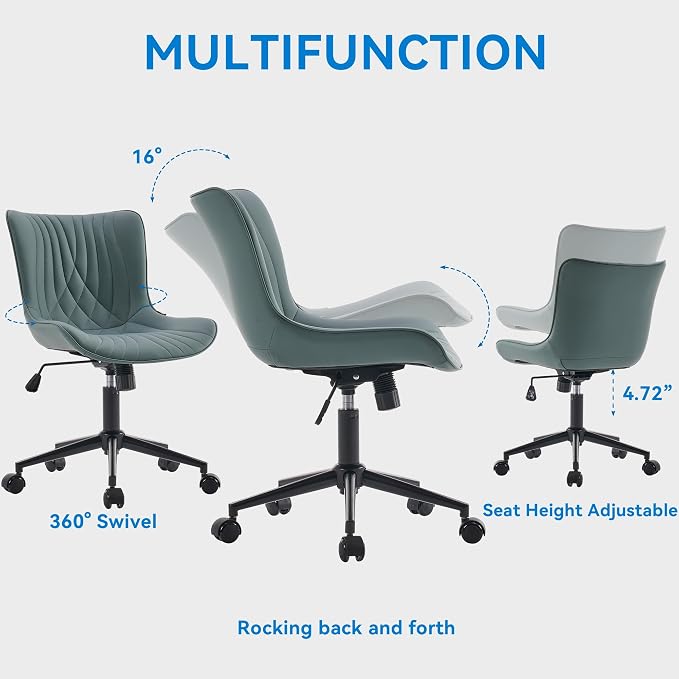 YOUNIKE Office Chair Armless Desk Chair with Wheels, Home Office Computer Task Chair, Modern Faux Leather Upholstered Vanity Chair, Adjustable Swivel Rolling Office Chairs, Grayish Green