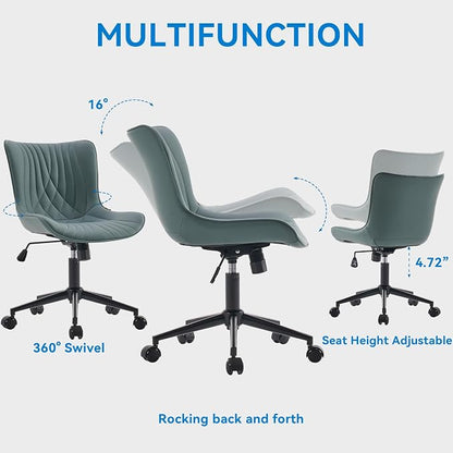 YOUNIKE Office Chair Armless Desk Chair with Wheels, Home Office Computer Task Chair, Modern Faux Leather Upholstered Vanity Chair, Adjustable Swivel Rolling Office Chairs, Grayish Green