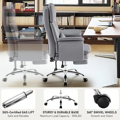 Comfortable Home Office Chair with Footrest 400lbs, Premium PU Leather Office Chair with High Back Adjustable Lumbar Support Double-Layered Armrests,Reclining Chairs,Gray