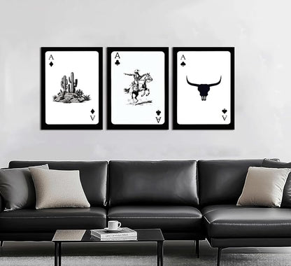 Western Cowboy Wall Art Set of 3 Southwestern Cowboy Print Playing Card Canvas Wall Decor Longhorn Bull Skull Poster Picture Prints Painting for Bedroom Living Room 12x16 In Framed