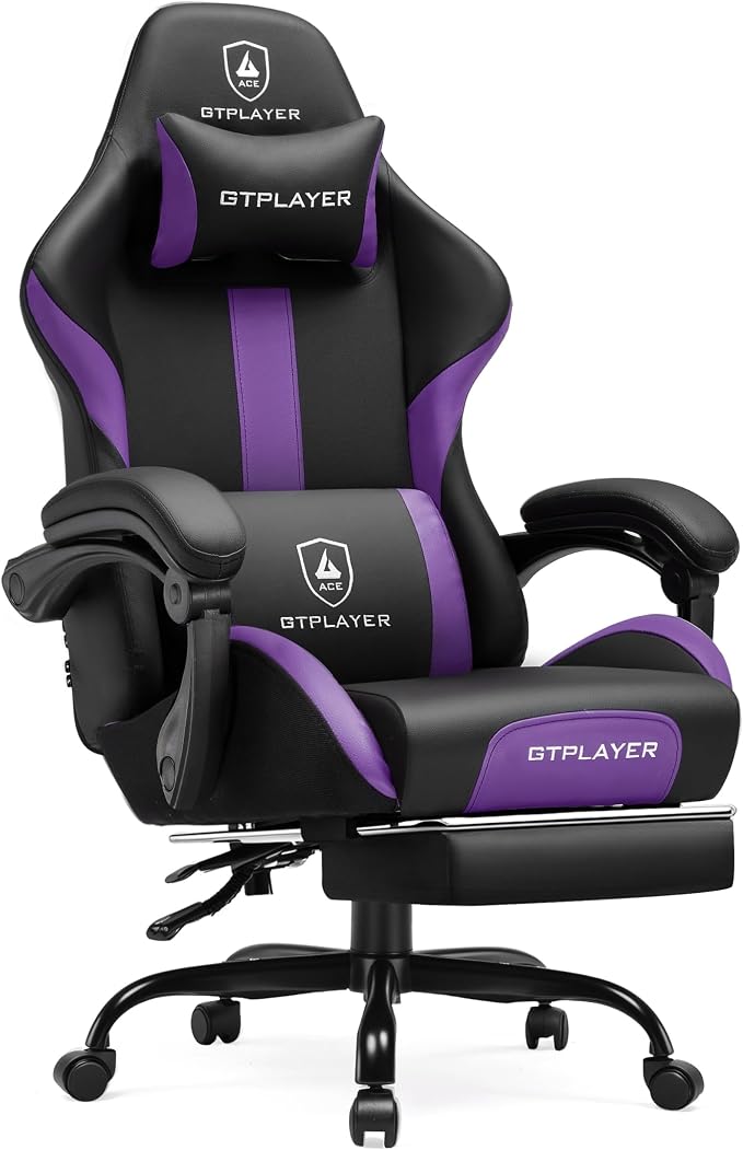 GTPLAYER Gaming Chair with Pocket Spring Cushion, Leather Office Chair with Ergonomic High Back & Lumbar Support for Back Pain Relief, Computer Game Chair for Adults, Purple/Black