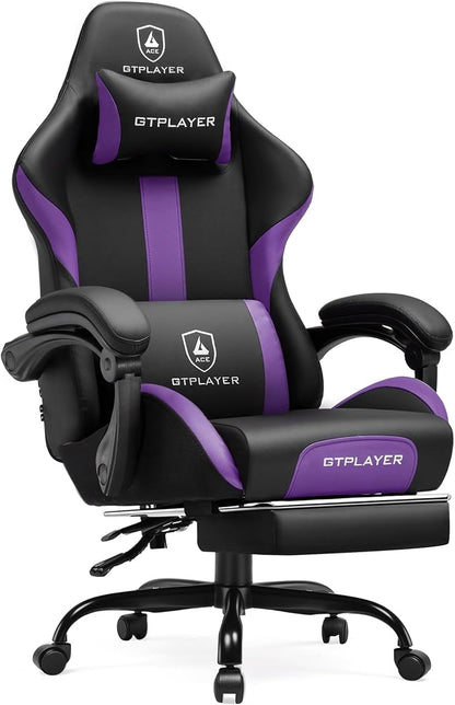GTPLAYER Gaming Chair with Pocket Spring Cushion, Leather Office Chair with Ergonomic High Back & Lumbar Support for Back Pain Relief, Computer Game Chair for Adults, Purple/Black