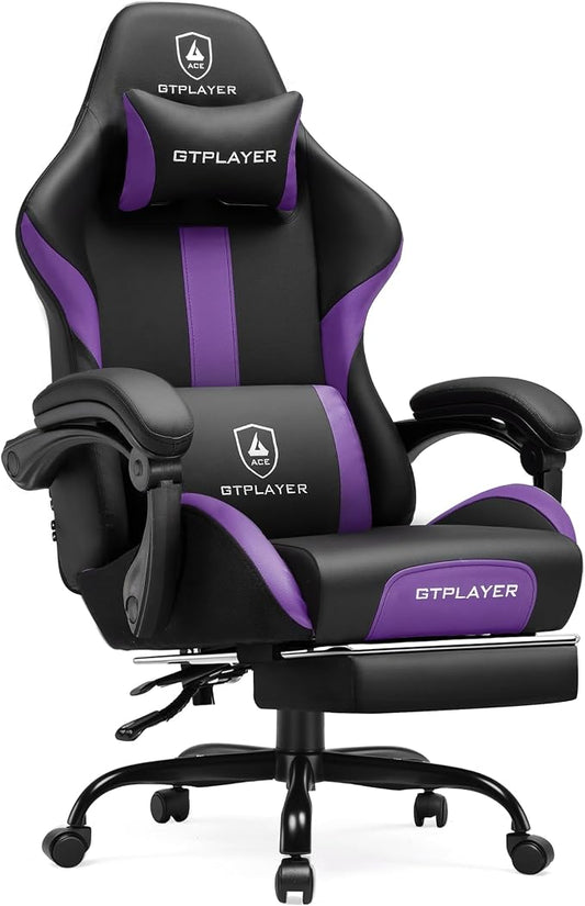 GTPLAYER Gaming Chair with Pocket Spring Cushion, Leather Office Chair with Ergonomic High Back & Lumbar Support for Back Pain Relief, Computer Game Chair for Adults, Purple/Black
