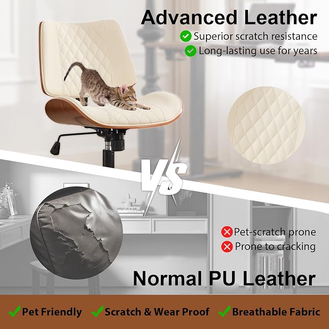 Armless Office Chair with Wheels, Ergonomic Leather Chair, Mid Back 360 Swivel Computer Chair, Modern Walnut Desk Chair for Small Space, Reading, Meeting Room, Beige