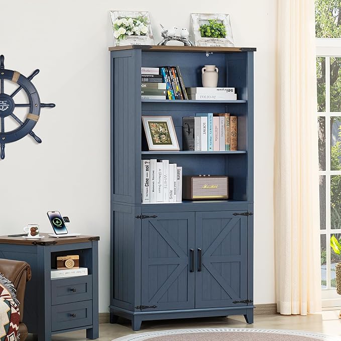 Joaxswe 5 Tier Bookshelf 70in Tall Bookcase with Barn Doors and Storage Cabinet, Blue Farmhouse Book Shelf with Adjustable Shelves, Wood Freestanding Display Bookshelves for Bedroom, Kitchen (3PCS)