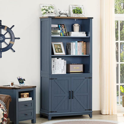 Joaxswe 70in Tall Bookshelf 5 Tier Bookcase with Barn Doors and Adjustable Shelves, Blue Farmhouse Book Shelf with Storage Cabinet, Wood Freestanding Display Bookshelves for Bedroom, Kitchen (2PCS)
