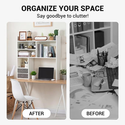 deli Desktop Bookshelf, High-Capacity Desk Hutch Organizer with 7 Shelves and 2 Drawers for Computer Desk, Desk Shelf Organizer for Dorm Office Home, White