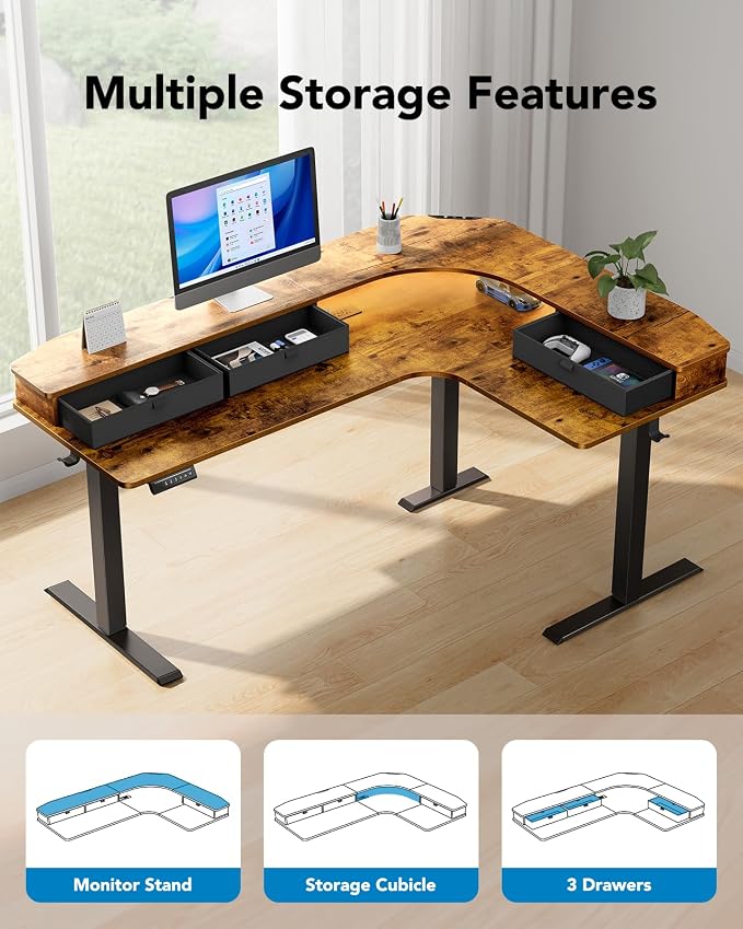 HUANUO 65″ L-Shaped Standing Desk with 3 Drawers, Vintage Brown | Built-in Power Outlets, LED Strip, Smooth Electric Height Adjustment, 4 Memory Presets, 220 lbs Capacity, Power Strip Holder