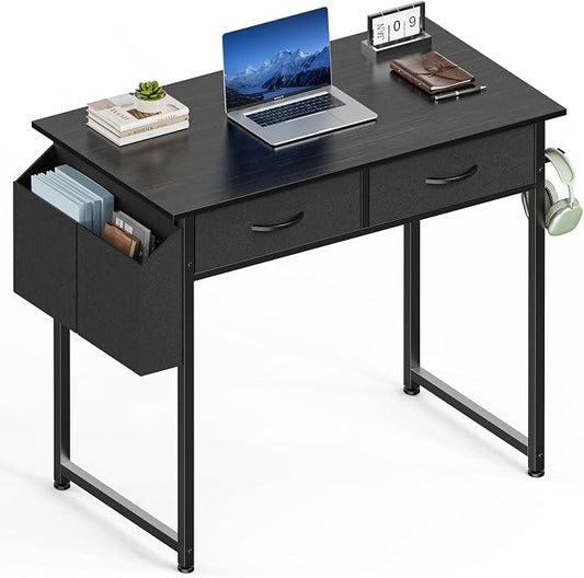 Sweetcrispy 32 Inch Small Computer Desk with Fabric Drawers for Bedroom Home Office, Writing Gaming Desks Study PC Table with Side Bag and Headphone Hook, Black