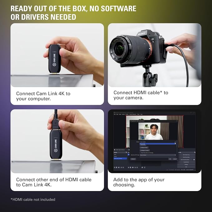 Elgato Cam Link 4K Capture Card for DSLR, Camcorder, Action Cam | HDMI to USB 3.0, Stream in 1080p60 or 4K30/60, Ultra-low latency, Works with OBS, Zoom, Discord, PC/Mac/iPad compatible