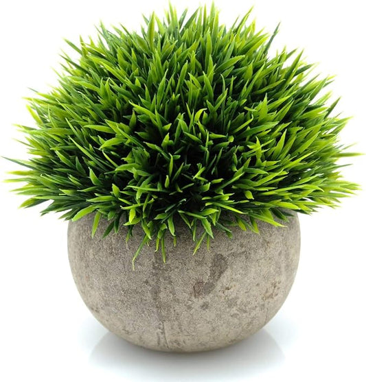 Velener Mini Plastic Fake Green Grass Plant with Pot, Topiary Ball, Small Fake Plant, Round Paper-Mache Pot for Indoor Office, Kitchen, Bathroom and Living Room Decor