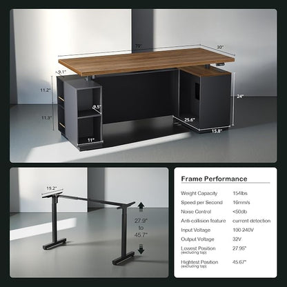 ModernMate 71" Standing Desk with File Cabinet, AC/USB, 1.18" Desktop, L Shaped Height Adjustable Desk, Electric Furniture Set with Multiple Functions for Home and Office, Black Walnut