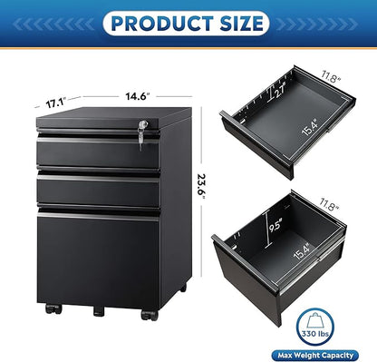 DEVAISE 3 Drawer Mobile File Cabinet with Lock, Under Desk Metal Filing Cabinet for Home Office/Legal/Letter/A4 File, Fully Assembled Except Wheels, Black