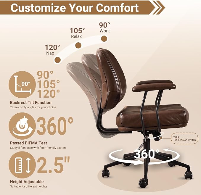 Ergonomic Home Office Chair, Mid-Century Faux Leather Home Office Desk Chairs with Wheels, Office Computer Chair with Rocking Swivel (Coffee,PU Leather)