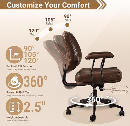 Ergonomic Home Office Chair, Mid-Century Faux Leather Home Office Desk Chairs with Wheels, Office Computer Chair with Rocking Swivel (Coffee,PU Leather)