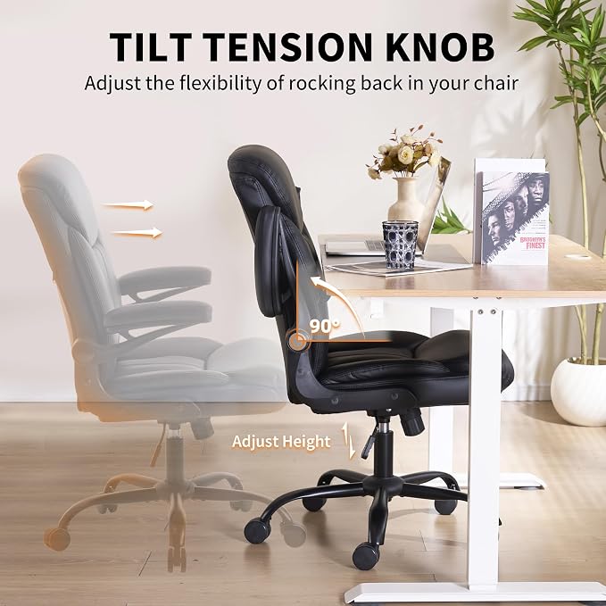 Home Office Ergonomic Desk Chair - Comfy Leather Executive Chair with Flip-Up Armrests, Height Adjustable Computer Chair for Gaming, 360° Swivel & Rocking(Black)