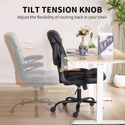 Home Office Ergonomic Desk Chair - Comfy Leather Executive Chair with Flip-Up Armrests, Height Adjustable Computer Chair for Gaming, 360° Swivel & Rocking(Black)