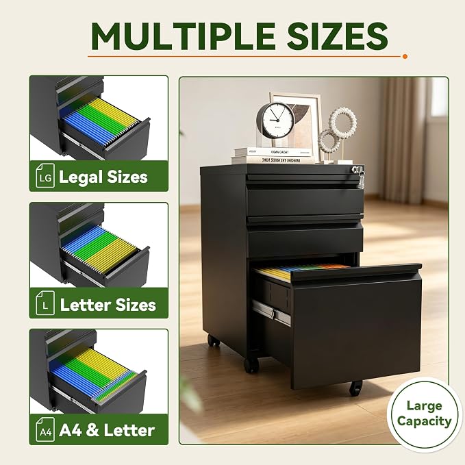 SAWJEC 3 Drawer File Cabinet with Lock, Black Metal Filing Cabinet for Home Office, Fully Assembled, Vertical Locking File Cabinet with Letter Legal A4 Size Hanging Files, 15" W x 17" D x 24" H