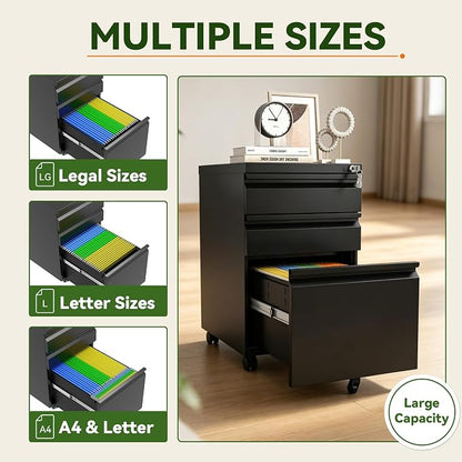 SAWJEC 3 Drawer File Cabinet with Lock, Black Metal Filing Cabinet for Home Office, Fully Assembled, Vertical Locking File Cabinet with Letter Legal A4 Size Hanging Files, 15" W x 17" D x 24" H