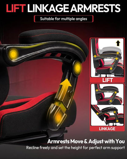Dowinx Ergonomic Gaming Chair with Footrest & Massage Lumbar, 2D-Linkage Armrests for Computer Chair 330lbs with Headrest Pillow for Office, Home, Streaming and Long Gaming Sessions, Fabric Dark Red