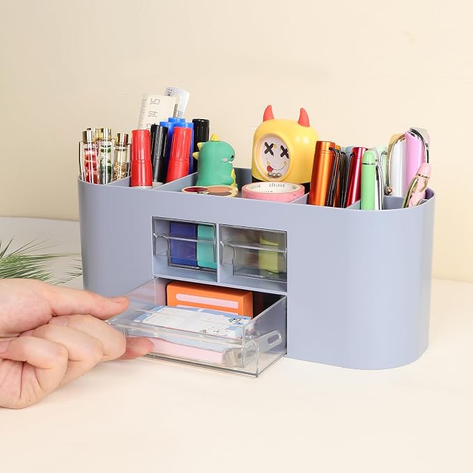 INSTOME Pencil Pen Holder for Desk with 3 Drawers - All-In-One Desk Organizer - Perfect Desk Accessories for Office Use - Stylish & Convenient Desk Organizers and Accessories (Blue)