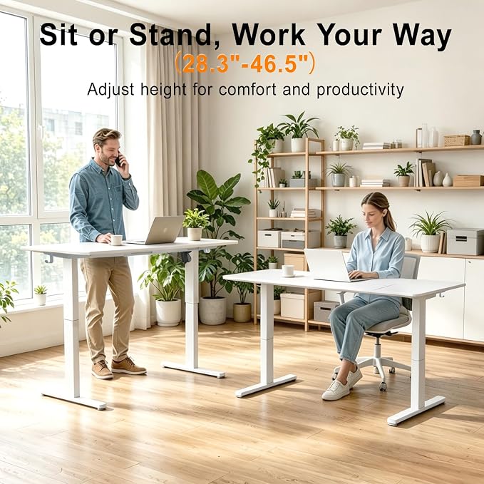 Electric Height Adjustable Desk, 55x24 Inches Standing Desk with 3 Memory Presets & Child Lock, Quiet Motor, Industrial Steel Frame, for Content Creator Desk, White