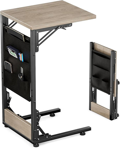 Folding TV Tray Table, Small Folding Side Table with Storage Bag, Portable C Shaped End Table for Couch Sofa Bed, Oak Gray