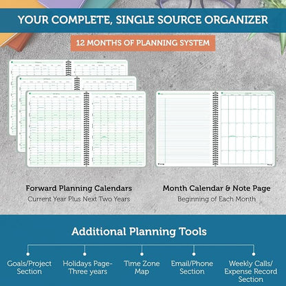 Planner Pad Spiral Bound 3-Tier Funnel Down 12 Month Organizer, October 2025 – September 2026, Greenish Grey Cover/Soft Green Ink, 8 1/2" x 11"