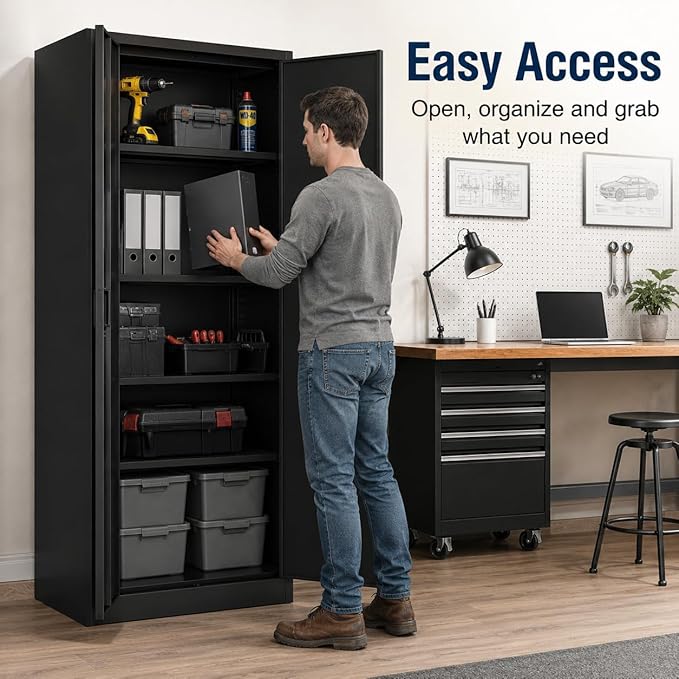 71" Black Metal Storage Cabinet with Lock & Adjustable Shelves - Heavy Duty Garage, Pantry & Office Cabinet with Adjustable Feet, 4 Shelves & Doors for Home Organization