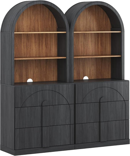 BELLEZE Set of 2 71" Tall Storage Cabinet with 3 Drawers, Wooden Sideboard Buffet Cabinet with Hutch for Pantry and Kitchen Organizing, 5-Tier Modern Storage Unit for Living Room Home Office, Ebony