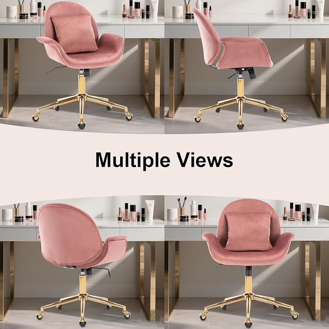 Pink Velvet Home Office Desk Chair with Gold Base for Women Girls, Swivel Makeup Vanity Chair with Pillow,Rose Upholstered Mid Back Adjustable Office Chair for Bedroom Living Room(Pink)