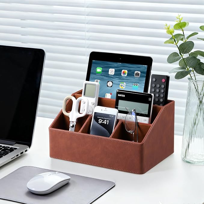 Desk Organizer Caddy with 5 Compartments for Office Art Supplies, PU Leather Nightstand Organizer Pencil Pen Desk Caddy for Home, Desktop TV Remote Control Holder Storage (Brown)