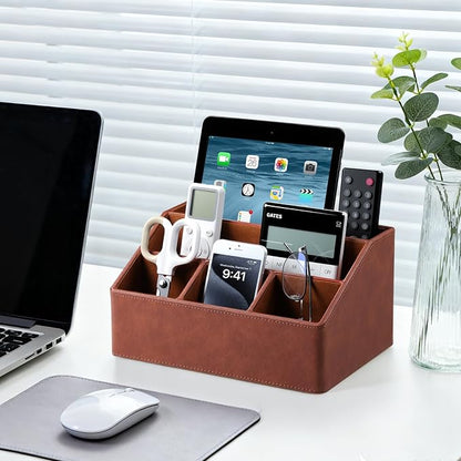 Desk Organizer Caddy with 5 Compartments for Office Art Supplies, PU Leather Nightstand Organizer Pencil Pen Desk Caddy for Home, Desktop TV Remote Control Holder Storage (Brown)