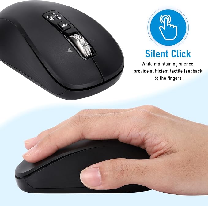 Wireless Bluetooth Mouse, 3-Device Multi-Mode (USB + 2 Bluetooth), 4-Way Metal Scroll Wheel, Adjustable DPI, Silent Click, Long Battery Life, Ergonomic Mouse for Laptop, PC, Mac, iPad (Dark Black, 7)