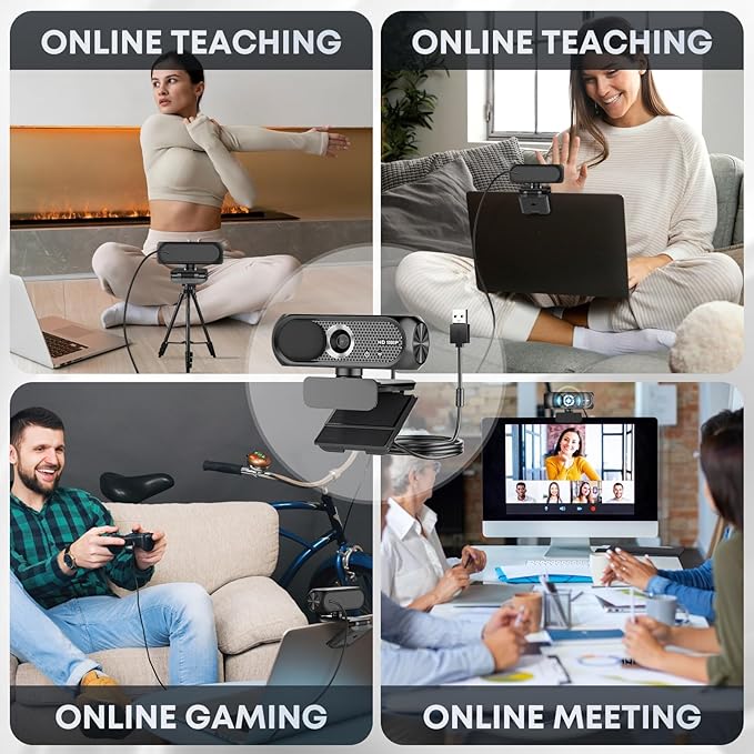 2K Webcam with Microphone, Noise Cancellation, Privacy Cover, Wide-Angle Lens, Auto Light Correction, Plug & Play USB Webcam for Laptop, Desktop, PC, Mac, Zoom, Skype, Streaming (Black)