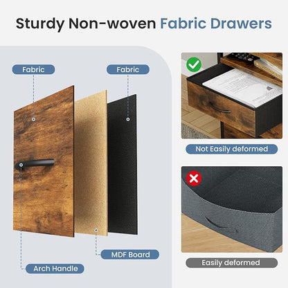 DUMOS 2 Drawer Mobile File Cabinet, Rolling Printer Stand with 24'' Wide Desktop, Fabric Drawer Cabinet Under Desk Fits A4 Size, Printer Cart with Storage Side Bag for Home Office, Rustic Brown