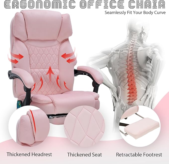 Massage Office Chair with Foot Rest 6 Points Vibration and Heat Home Office Desk Chairs for Heavy People 400lbs Reclining Managerial Chairs Ergonomic Executive Chair (Pink)