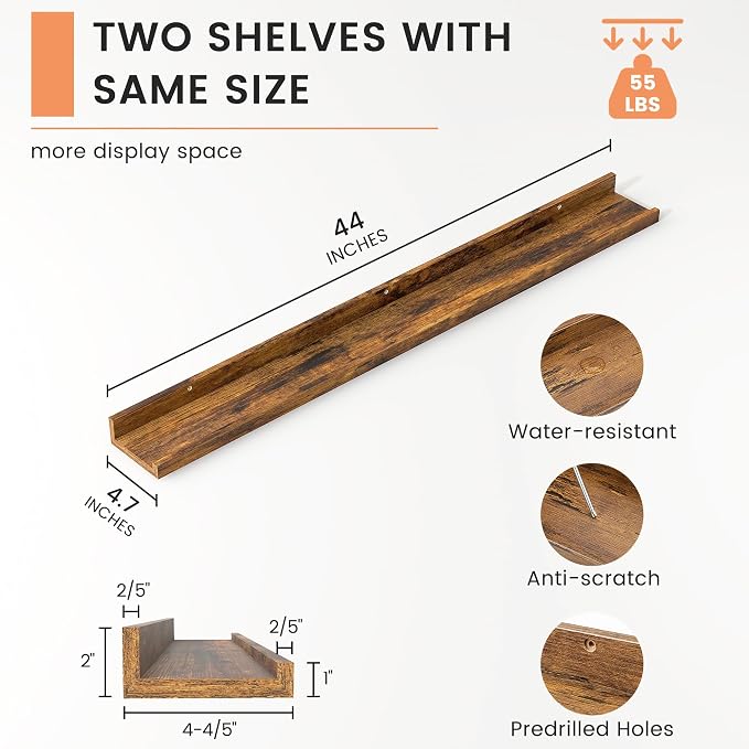 FLYJOE Picture Ledge Shelf, Floating Shelves Set of 2, 44 Inches Nursery Book Shelves for Toys Storage, Kids Bookshelf Wall Mounted for Living Room Bedroom Decor Books Photo Frames, Rustic Brown