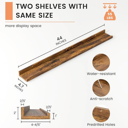FLYJOE Picture Ledge Shelf, Floating Shelves Set of 2, 44 Inches Nursery Book Shelves for Toys Storage, Kids Bookshelf Wall Mounted for Living Room Bedroom Decor Books Photo Frames, Rustic Brown