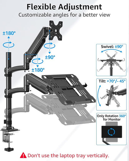 MOUNTUP Laptop and Monitor Desk Mount, Laptop Tray for Max 17" Notebook, Monitors Arm Fits up to 32" Monitor, Laptops Arm Holds 4.4-22lbs, 2-in-1 Tall Laptops Mount with Clamp/Grommet