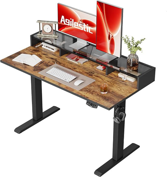 Agilestic 48 x 24 Inches Electric Standing Desk with Storage, Adjustable Height Sit and Stand Computer Table with Glass Shelf, Splice Board, Rustic Brown