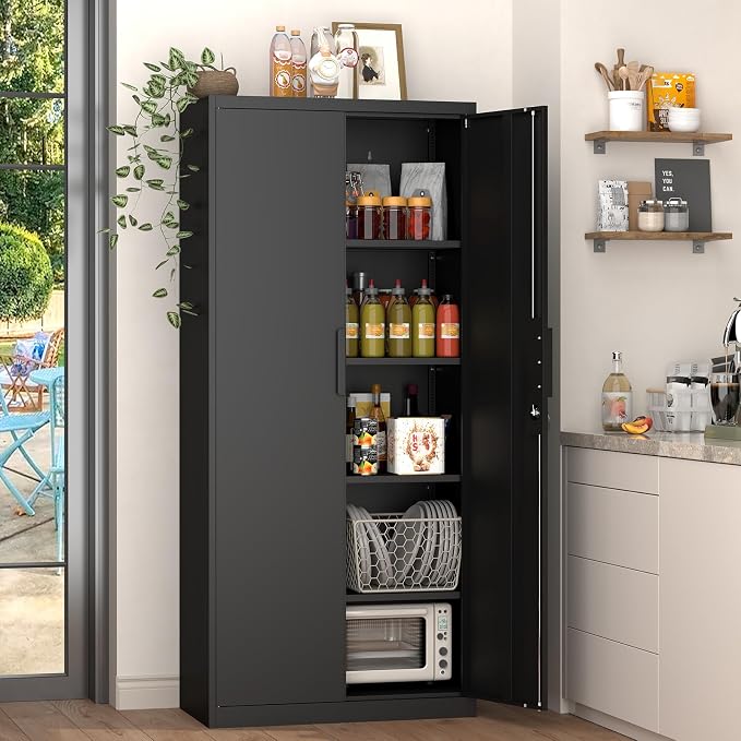 GREATMEET Metal Garage Storage Cabinet, Black Lockable Storage Cabinets with Doors and Shelves,Utility Cabinet for Shop Home Office Garage