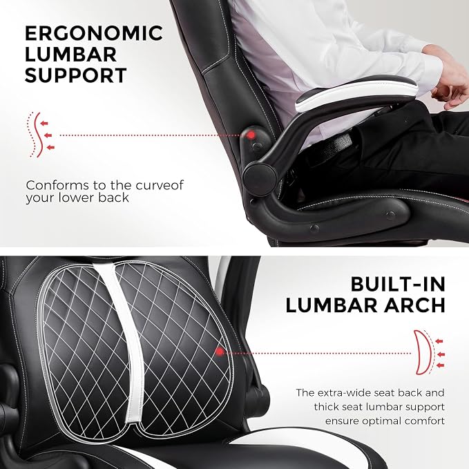 COMHOMA Office Computer Gaming Chair Ergonomic Desk Chair for Adults with Lumbar Support Flip-Up Arms Adjustable Height Swivel Wheels PU Leather Executive Design for Short People Use, White