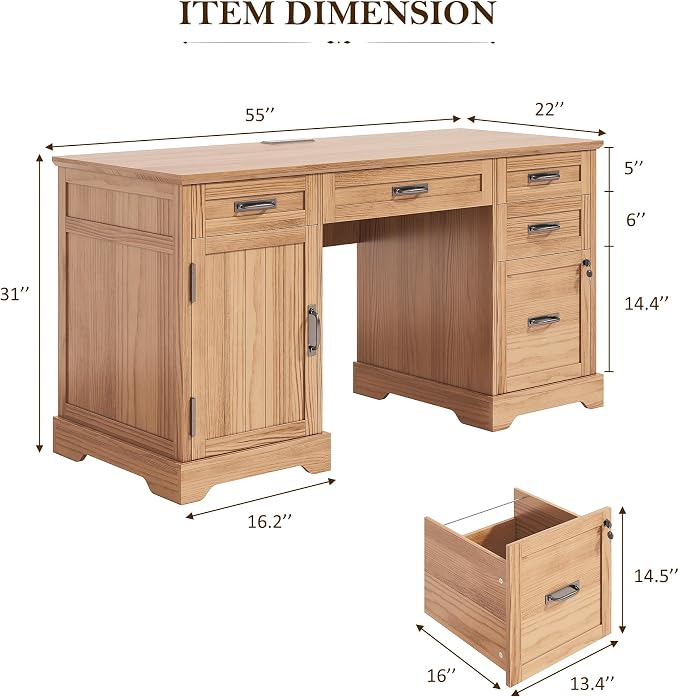 Whalefall 55'' Farmhouse Desk Home Office with Drawers, Light Walnut | Executive Computer Desk with File Cabinet and Charging Station, Wooden Small Desk with Locking Drawers Storage