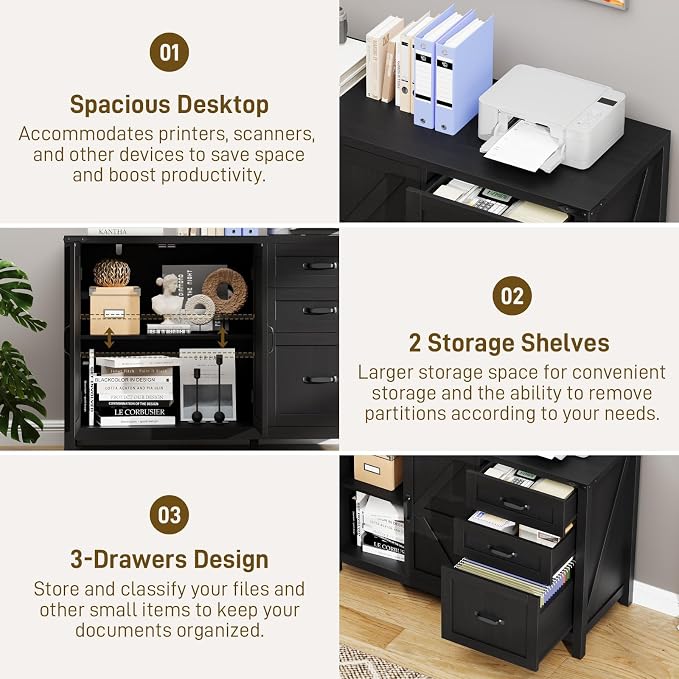 Befrases Farmhouse File Cabinet with Doors, Lateral Filing Cabinet with 3 Drawers for Letter/A4 Size Hanging Files, Large Wooden Storage Cabinet with Adjustable Shelves for Home Office, Black