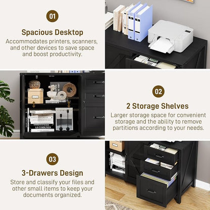 Befrases Farmhouse File Cabinet with Doors, Lateral Filing Cabinet with 3 Drawers for Letter/A4 Size Hanging Files, Large Wooden Storage Cabinet with Adjustable Shelves for Home Office, Black