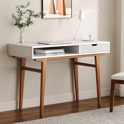 White Computer Desk with Drawers - 45 inch Minimalist Small Solid Wood Mid-Century Modern Office Desk for Home - Boho Style Writing Table with Open Storage,Light Wooden Desk Workspace