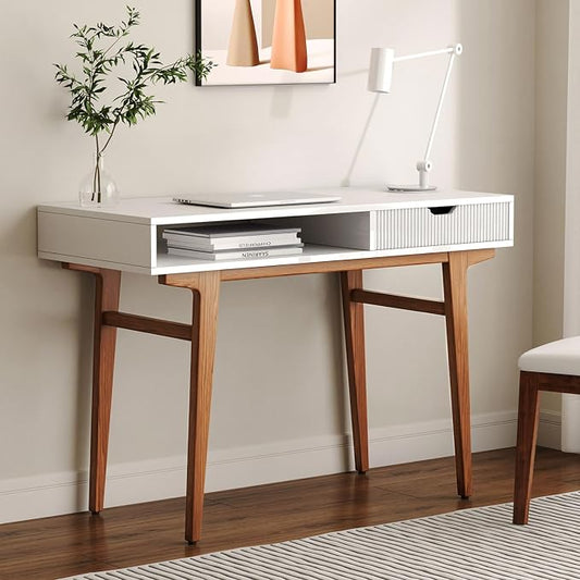 White Computer Desk with Drawers - 45 inch Minimalist Small Solid Wood Mid-Century Modern Office Desk for Home - Boho Style Writing Table with Open Storage,Light Wooden Desk Workspace