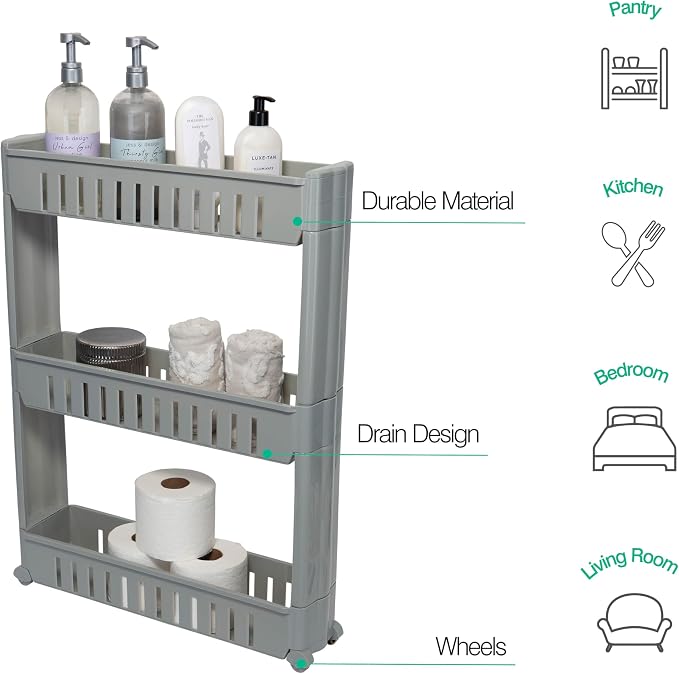 Simplify 3 Tier Slim Slide Out Storage Cart | Multi-Purpose Organization | Rolling | Wheels | Small Space | Laundry Room | Kitchen | Bathroom | Office | Grey